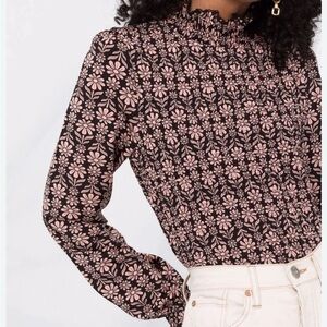 Sandro Floral Smocked Blouse in Black and Pink